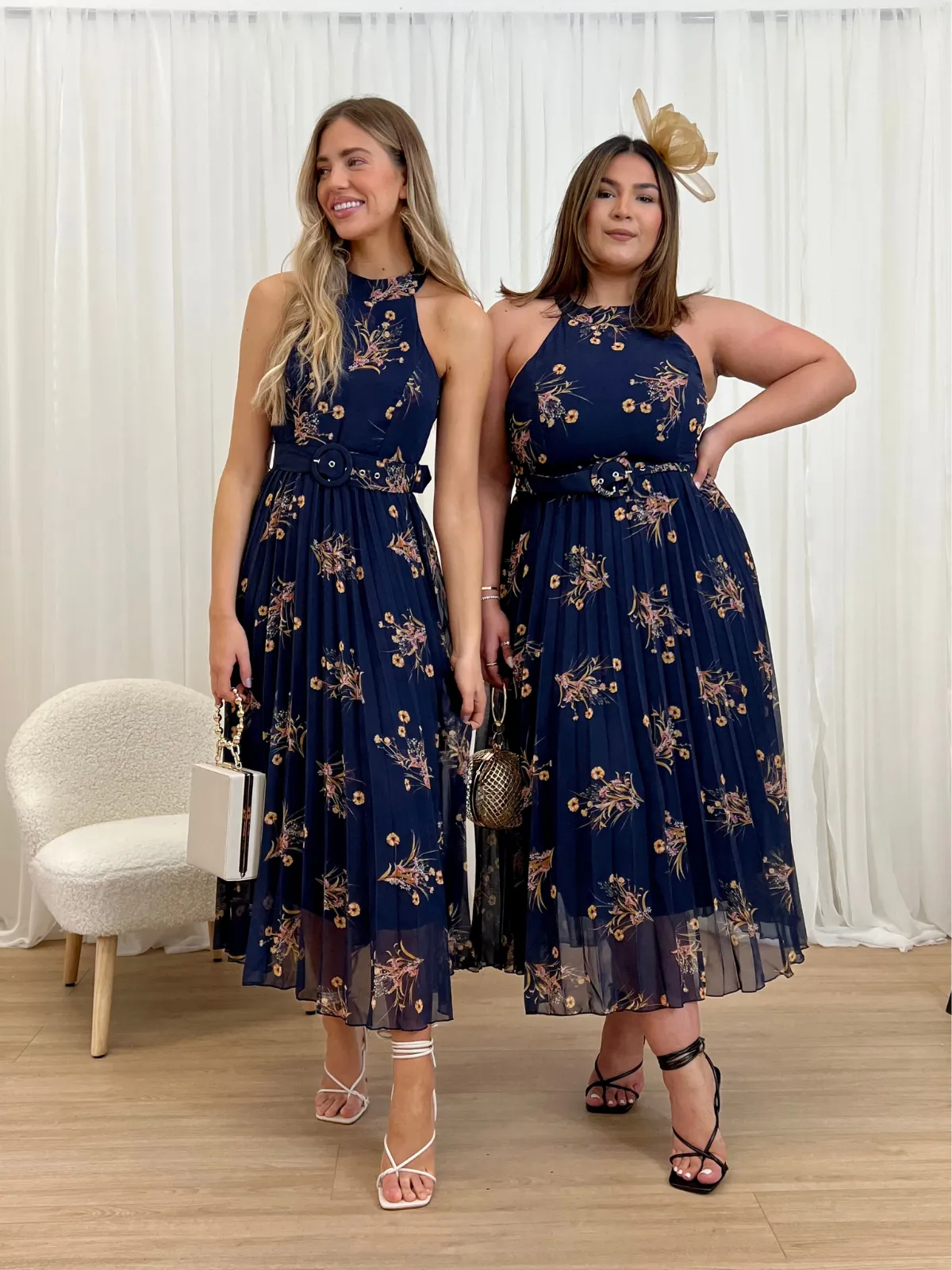 Luisa Belted Pleated Maxi Dress / Navy Floral Print