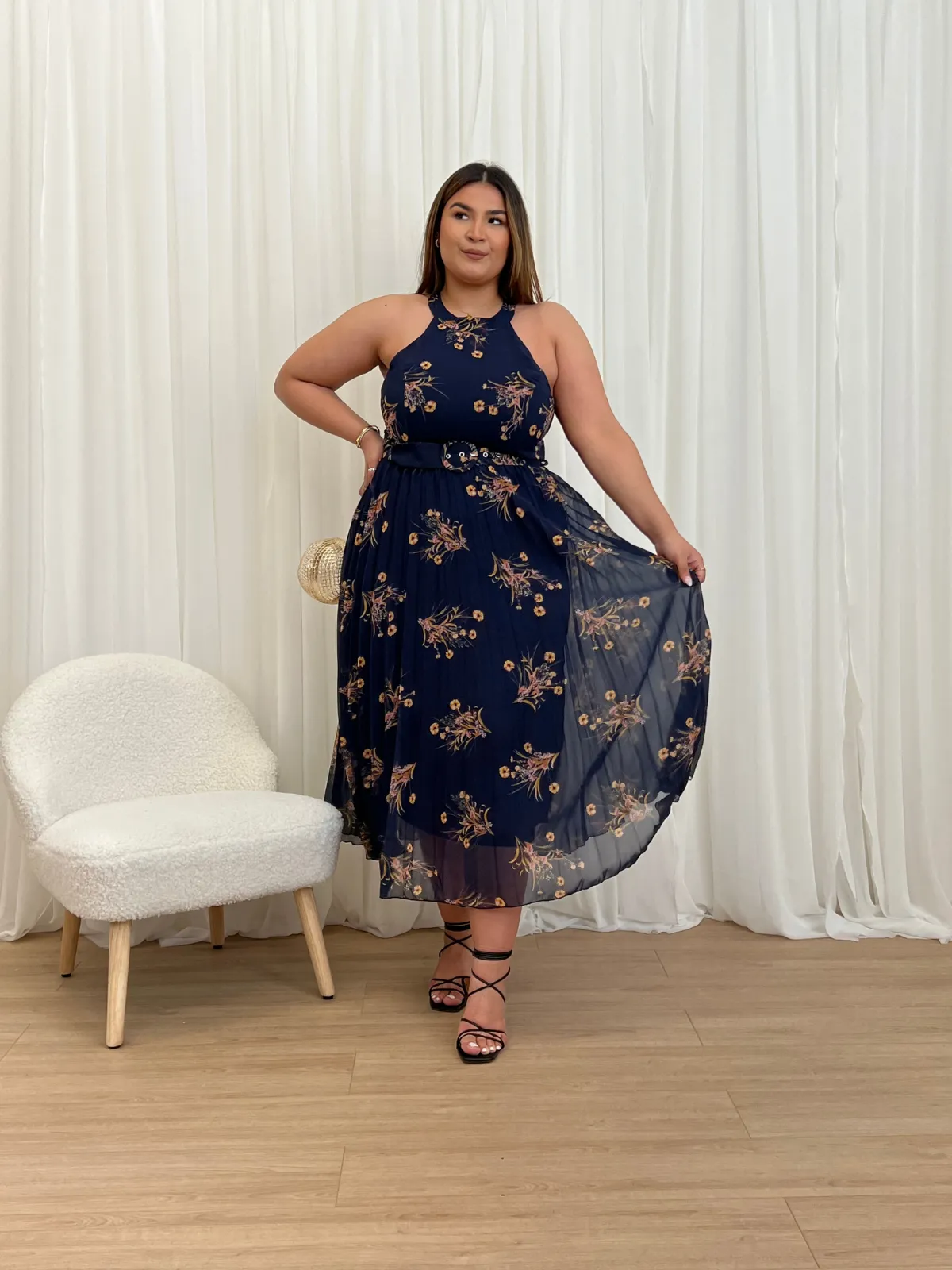 Luisa Belted Pleated Maxi Dress / Navy Floral Print