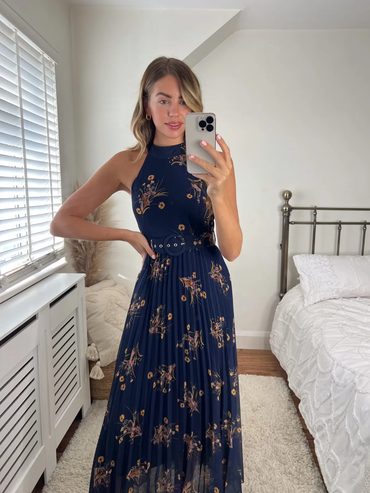 Luisa Belted Pleated Maxi Dress / Navy Floral Print