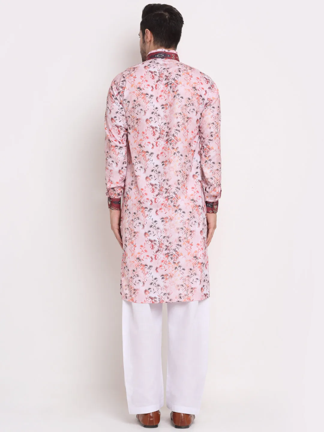 Men's Pink & Multi Printed Kurta With White Pyjamas Set - Benstoke