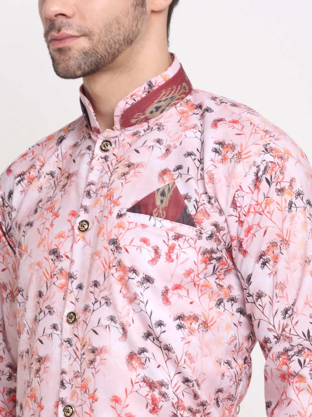 Men's Pink & Multi Printed Kurta With White Pyjamas Set - Benstoke