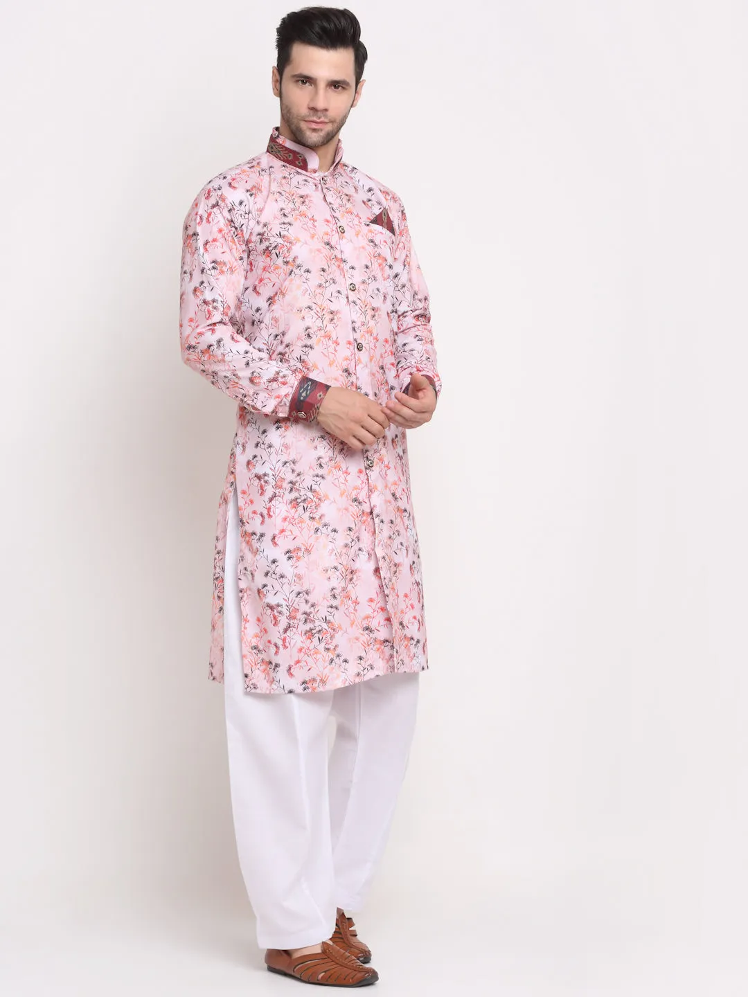 Men's Pink & Multi Printed Kurta With White Pyjamas Set - Benstoke