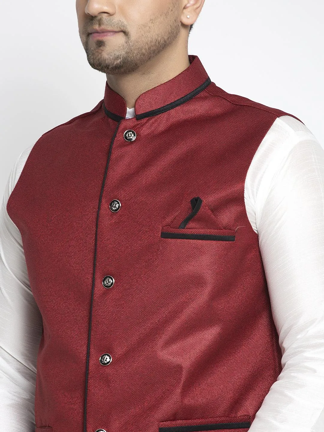 Men's Silk Blend White Kurta With Pyjama & Maroon Nehru Jacket - Benstoke