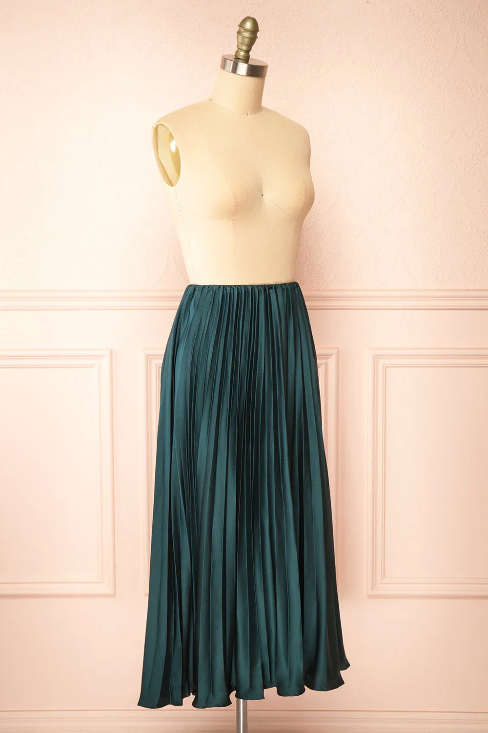 Mirys Green | Pleated Satin Midi Skirt
