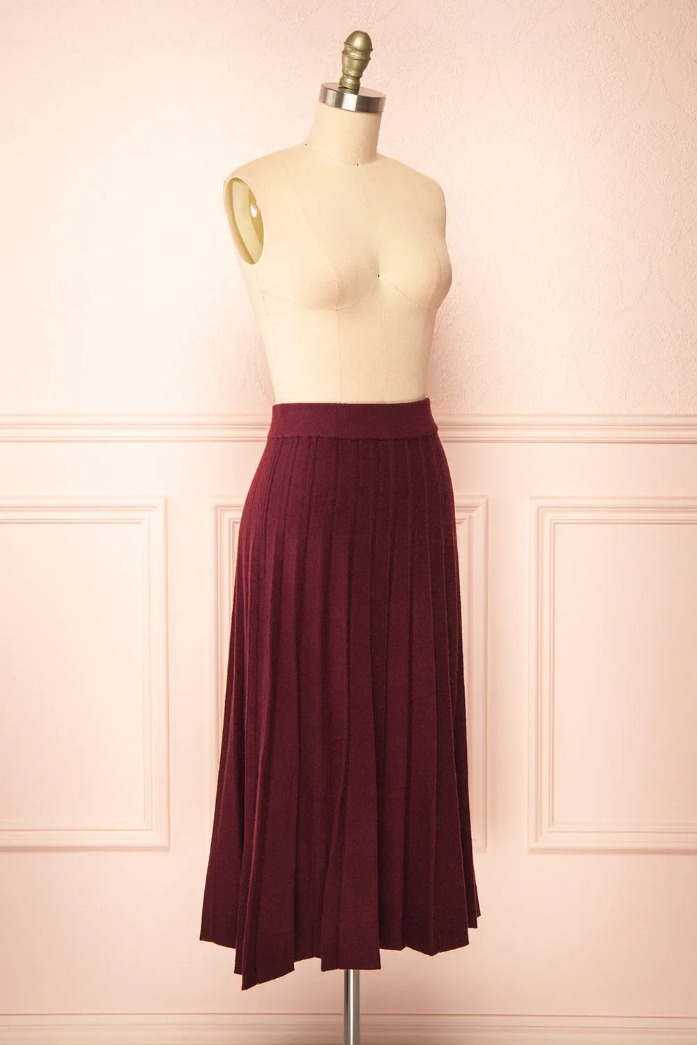 Neve Burgundy | Midi Knit Pleated Skirt