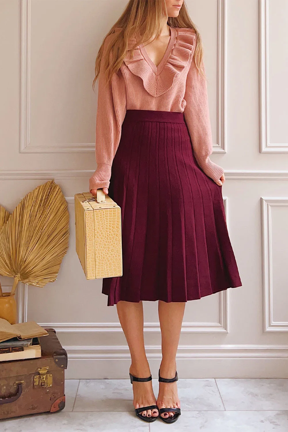 Neve Burgundy | Midi Knit Pleated Skirt