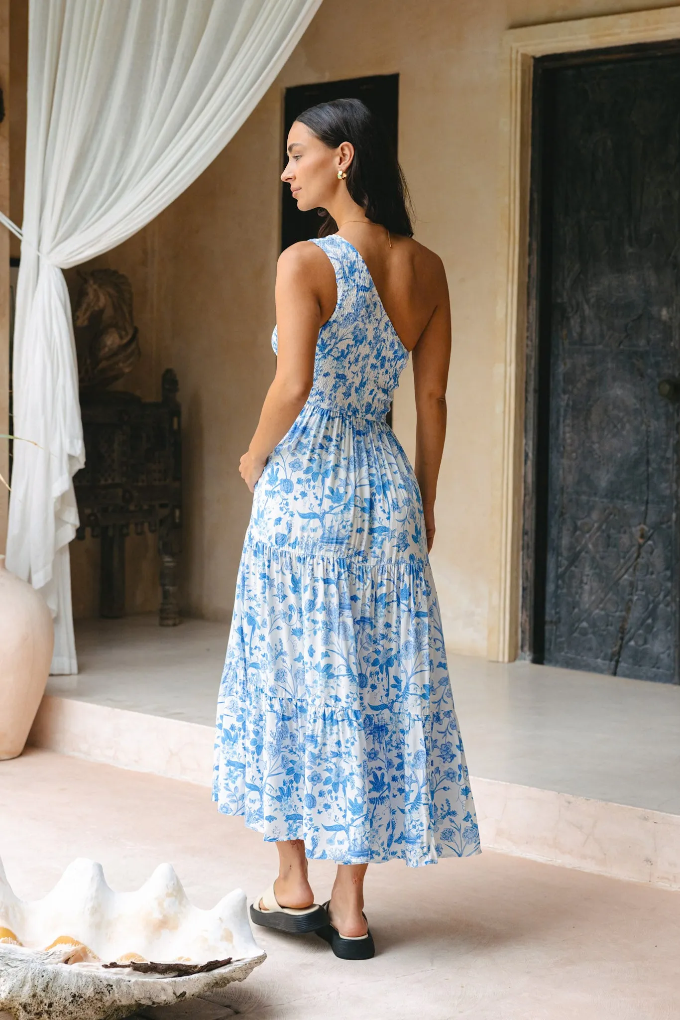 Oceanna Blue Floral One Shoulder Midi Dress