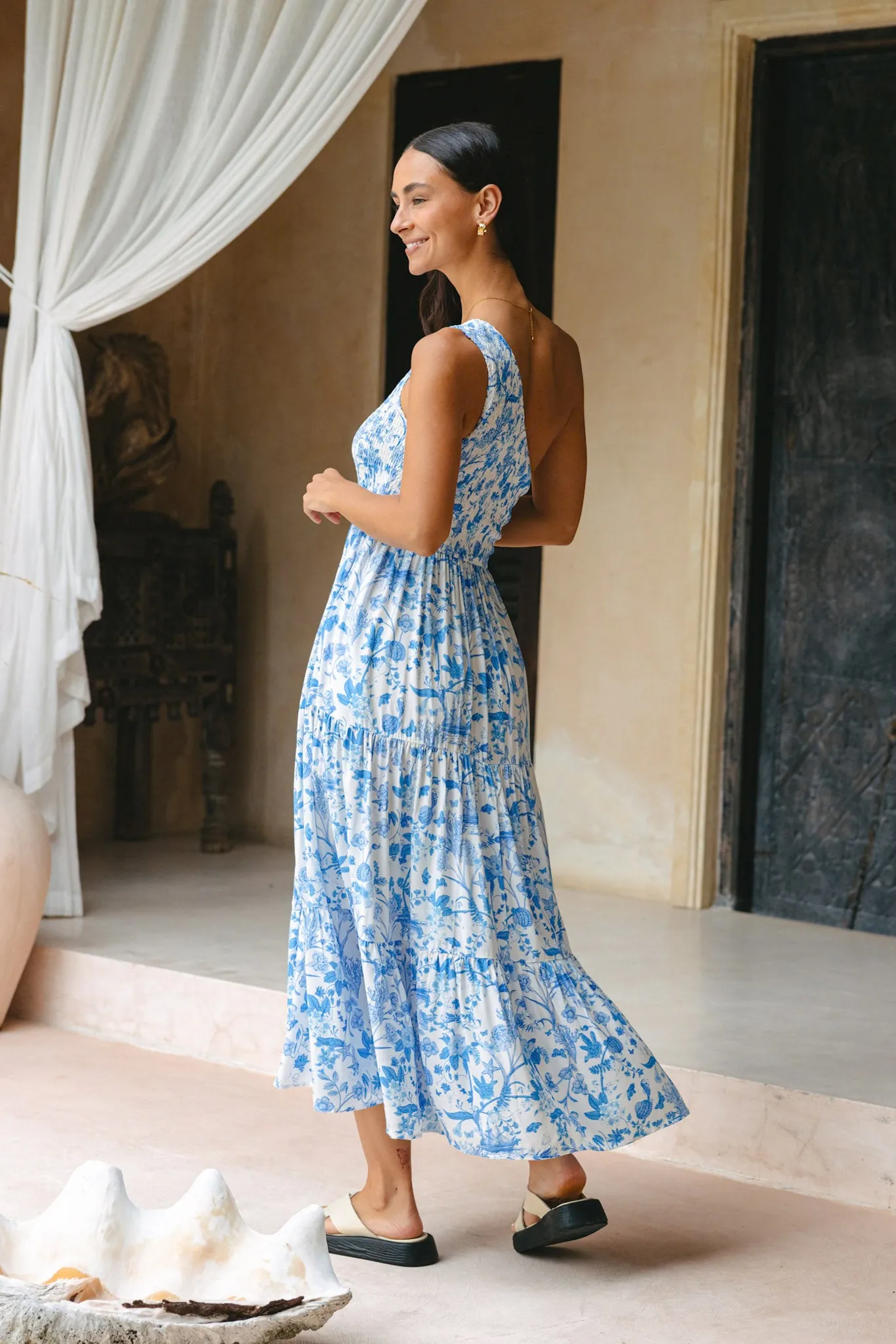 Oceanna Blue Floral One Shoulder Midi Dress