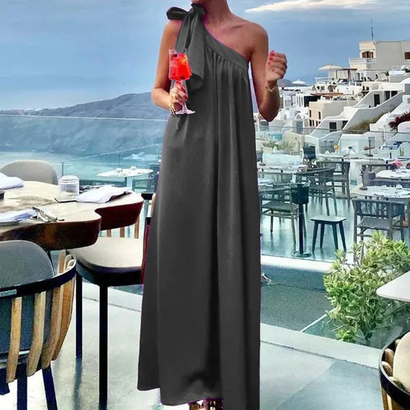 Off Shoulder Long Sexy Skew Collar Banquet Evening Chic Bow Belt Solid Pleated Elegant Summer Dress