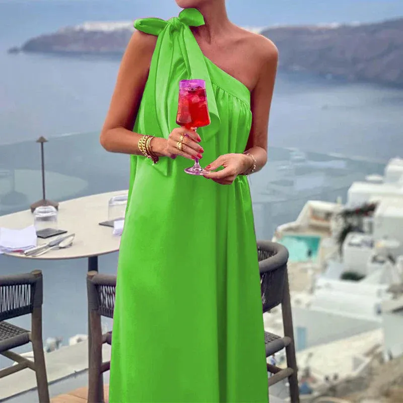 Off Shoulder Long Sexy Skew Collar Banquet Evening Chic Bow Belt Solid Pleated Elegant Summer Dress