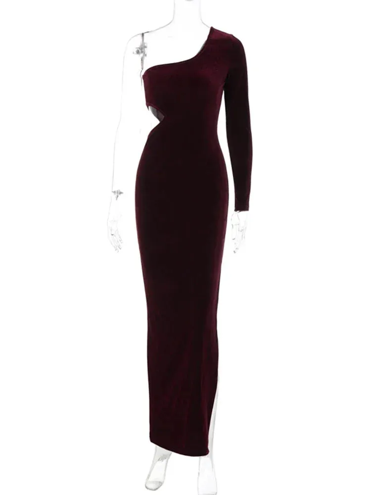 One Shoulder Velvet Cut Out Maxi Dress Women - Solid Long Sleeve Side Slit Party Elegant Evening 2024