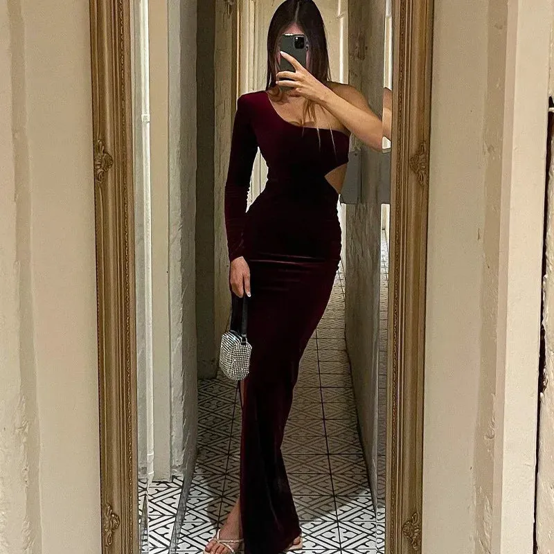 One Shoulder Velvet Cut Out Maxi Dress Women - Solid Long Sleeve Side Slit Party Elegant Evening 2024