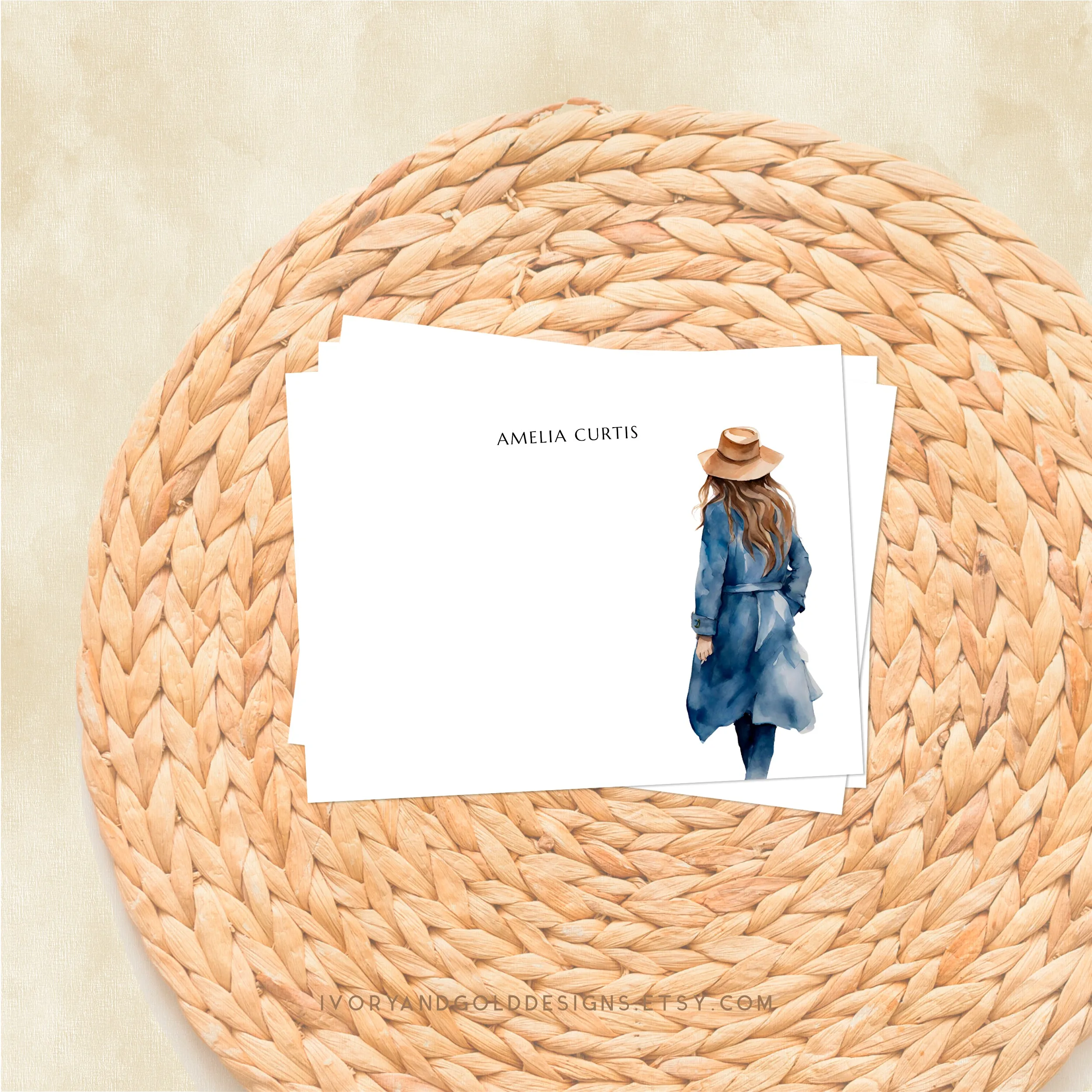 Personalized Notecard Set: Blue Trench Coat Woman