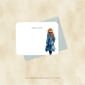 Personalized Notecard Set: Blue Trench Coat Woman