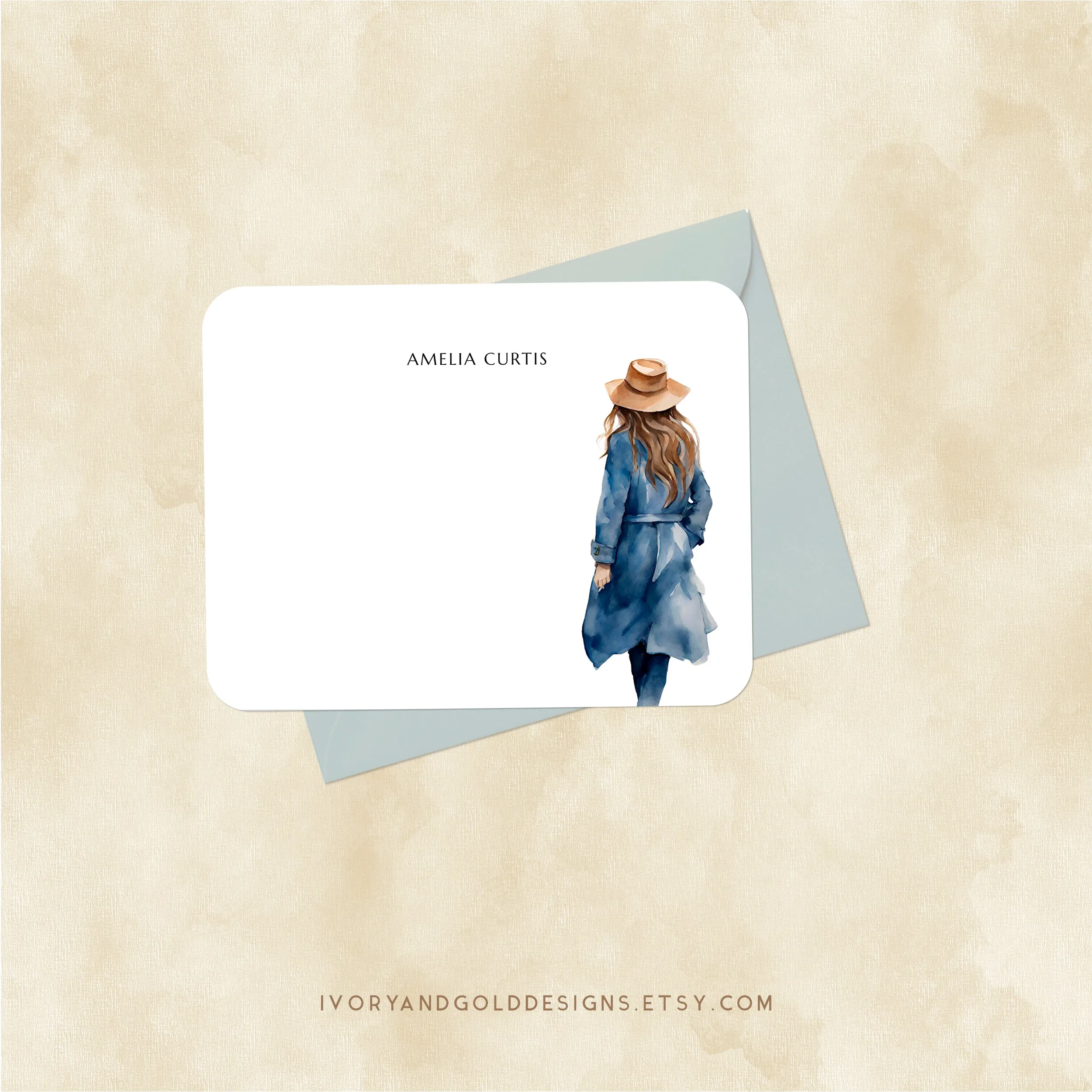 Personalized Notecard Set: Blue Trench Coat Woman