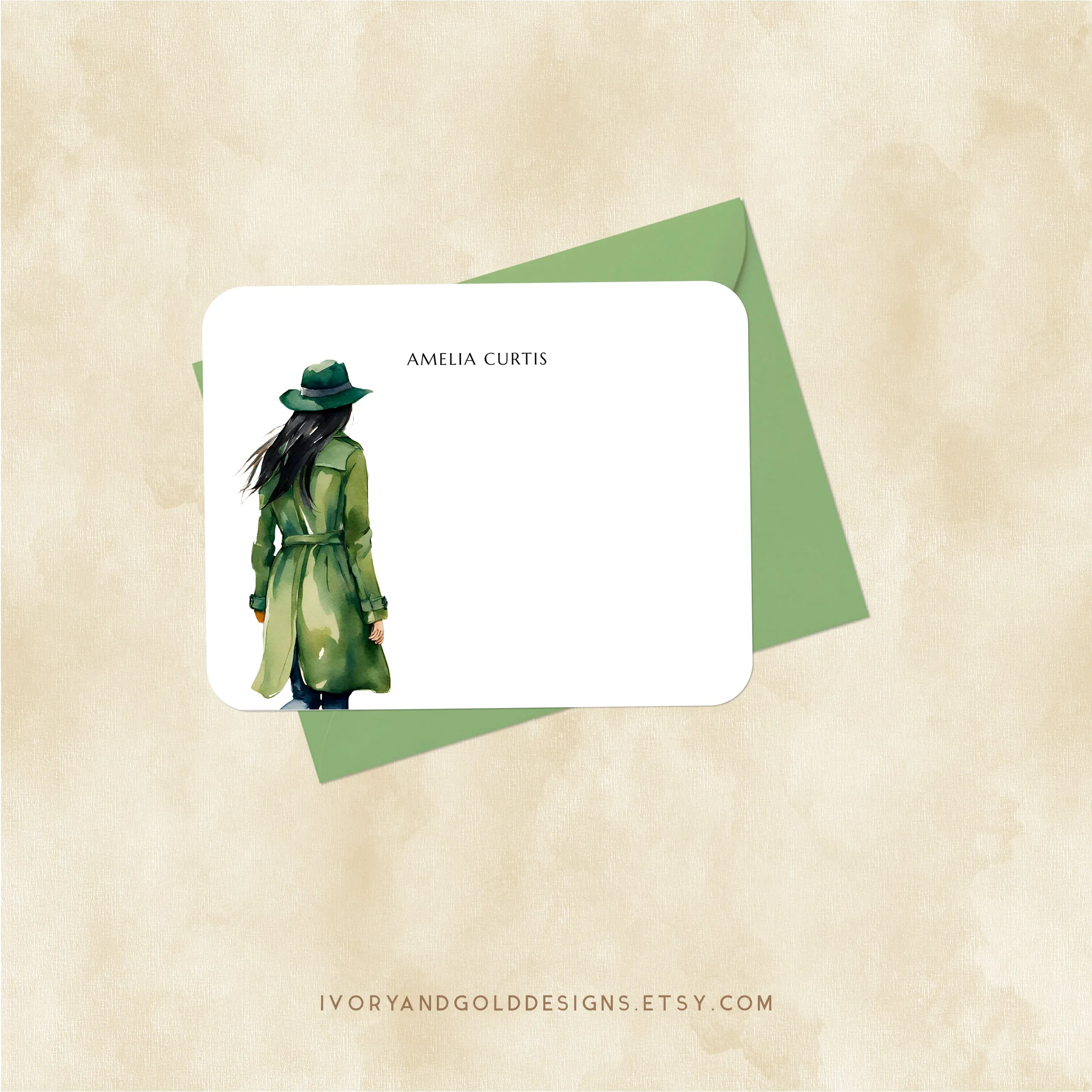 Personalized Notecard Set: Green Trench Coat Woman