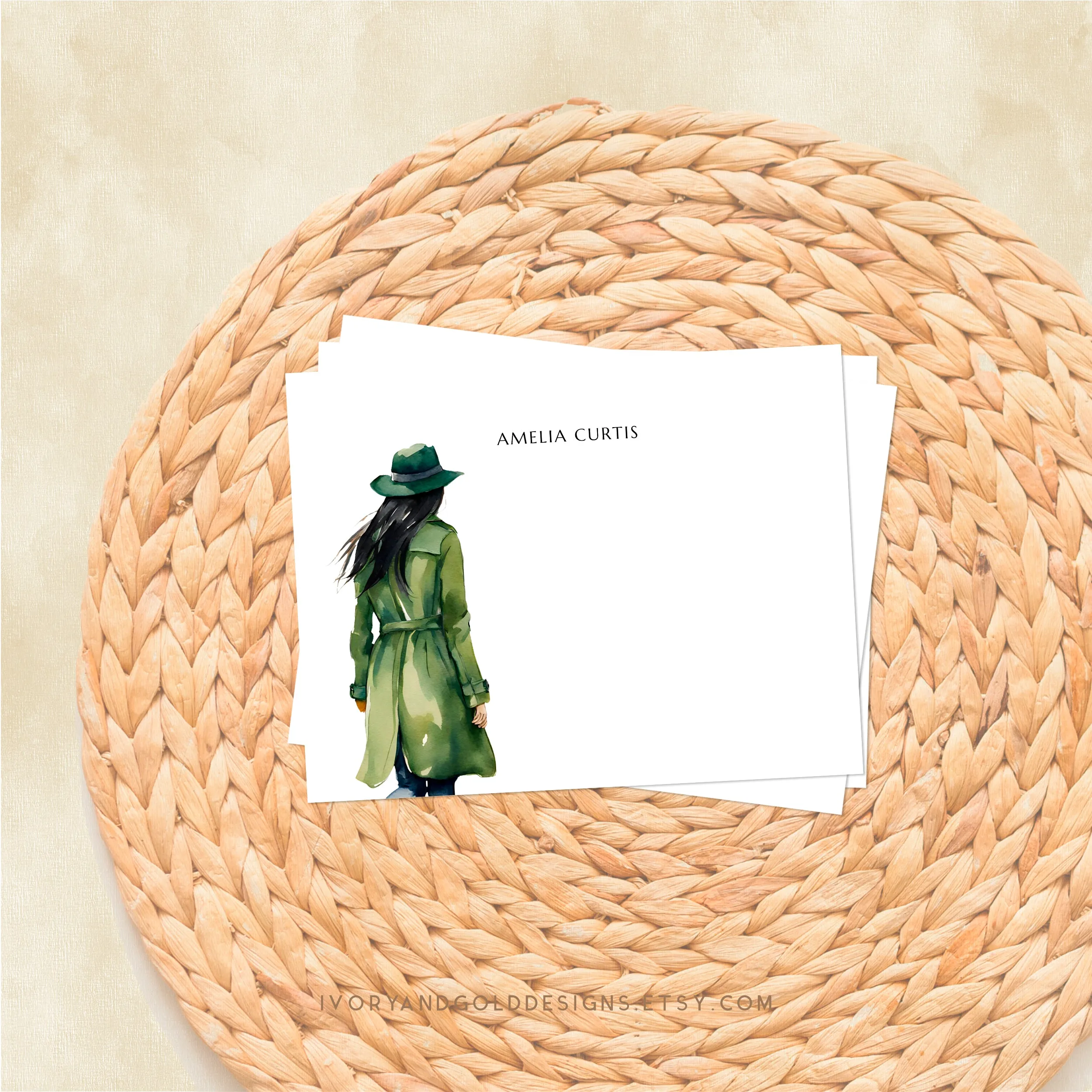 Personalized Notecard Set: Green Trench Coat Woman