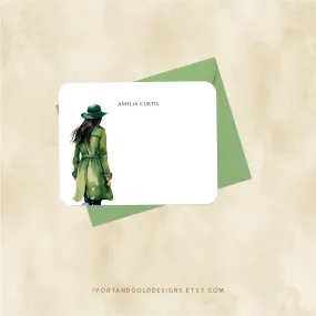 Personalized Notecard Set: Green Trench Coat Woman