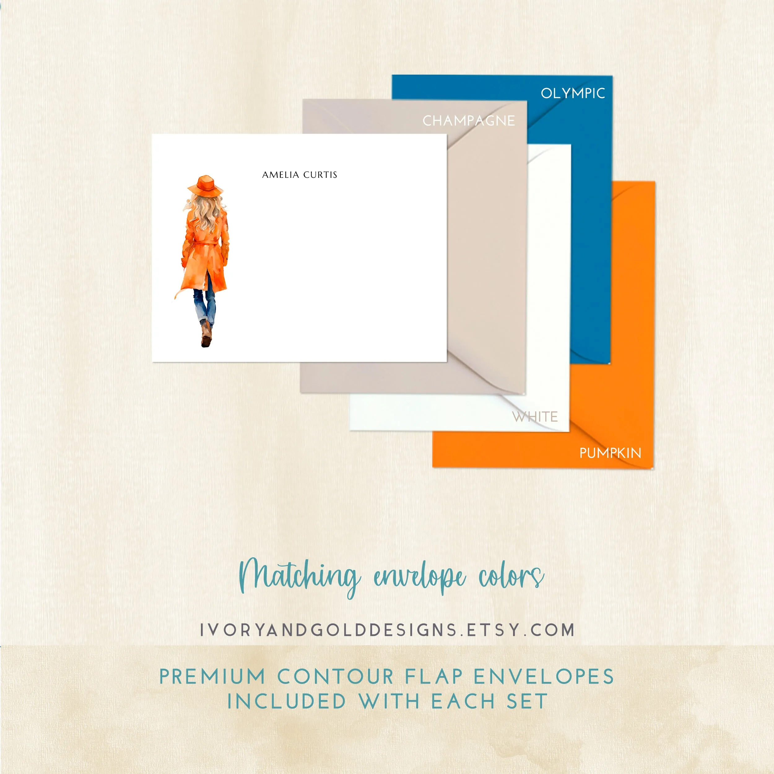 Personalized Notecard Set: Orange Trench Coat Woman