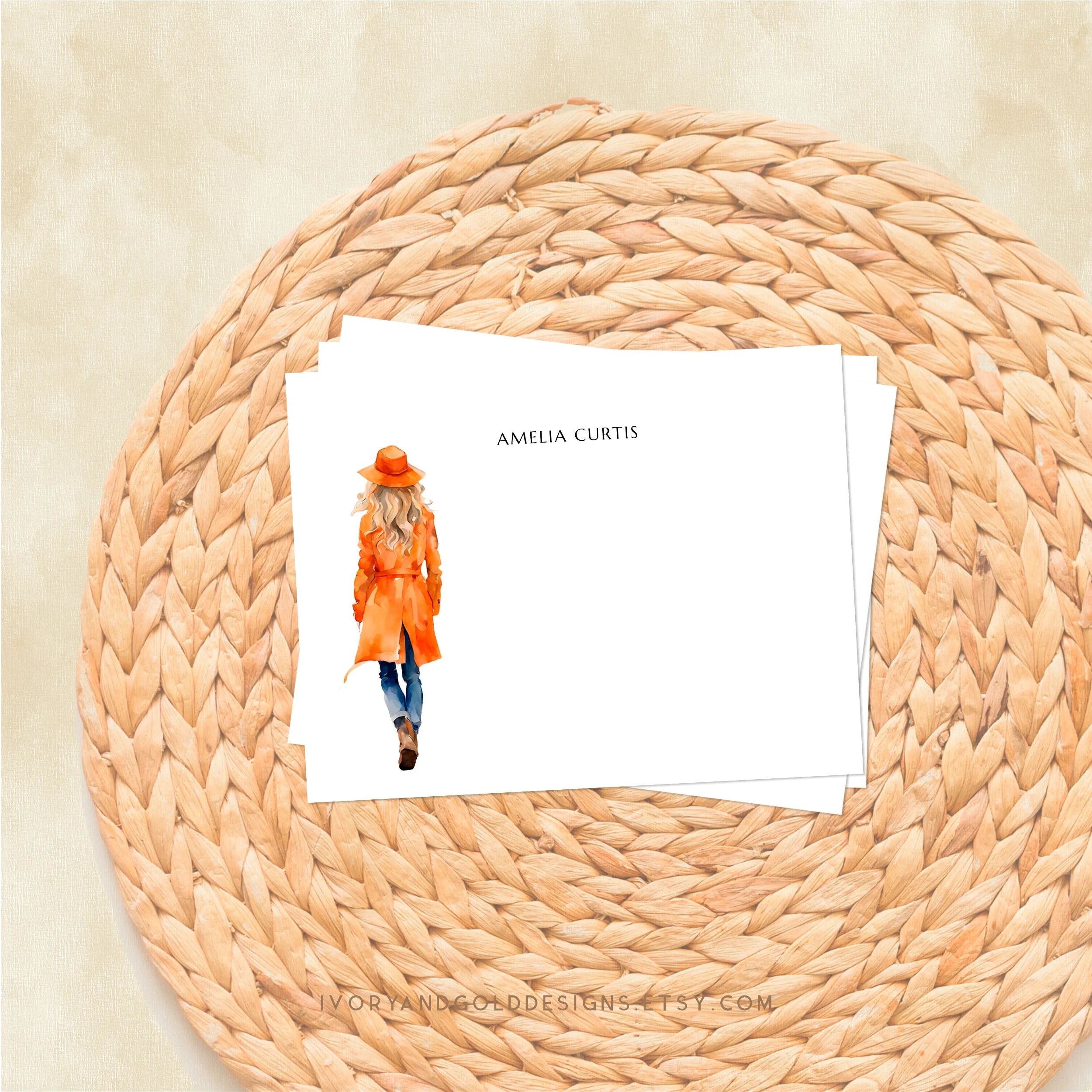 Personalized Notecard Set: Orange Trench Coat Woman