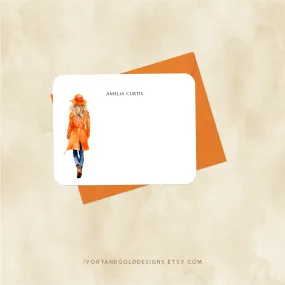Personalized Notecard Set: Orange Trench Coat Woman
