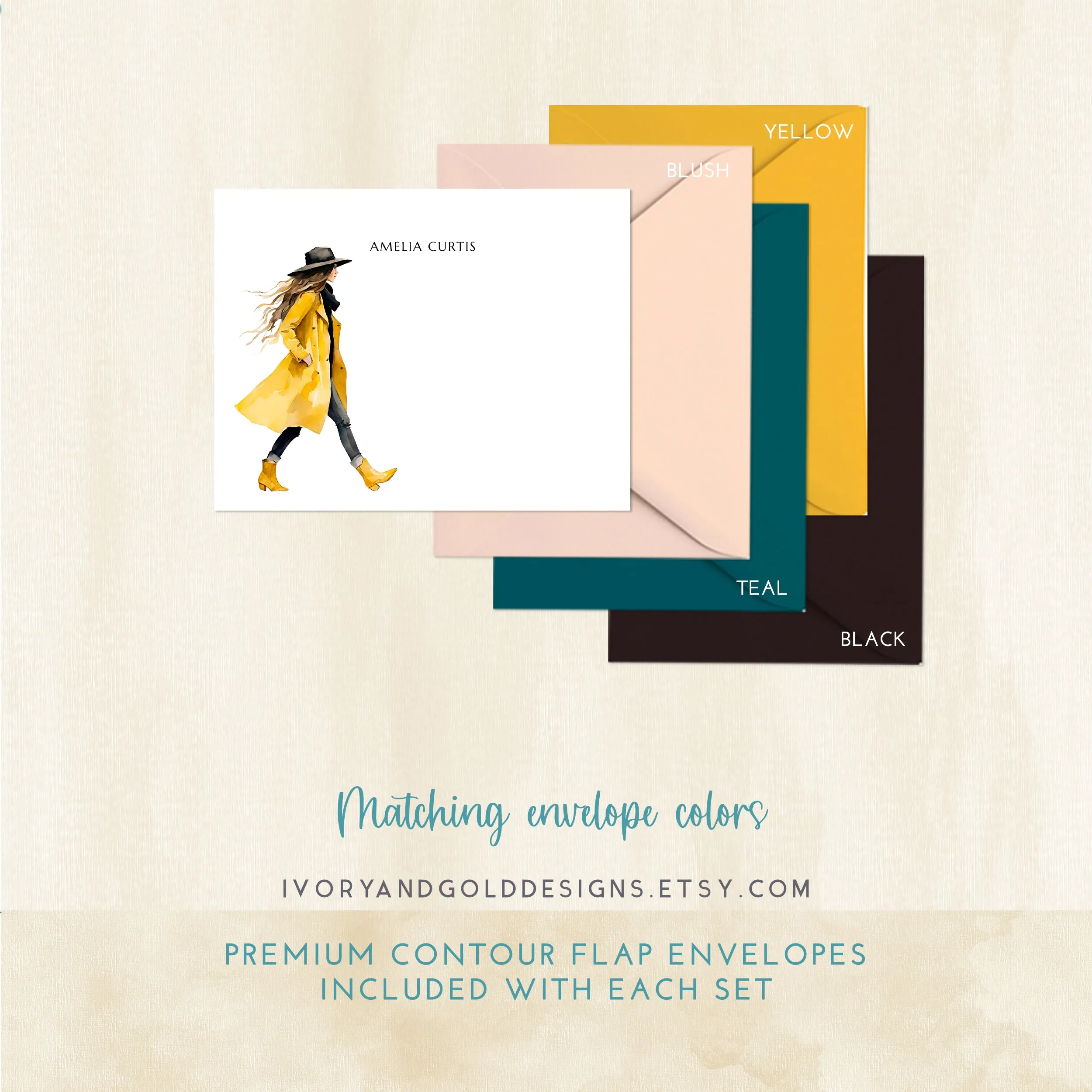 Personalized Notecard Set: Yellow Trench Coat Woman
