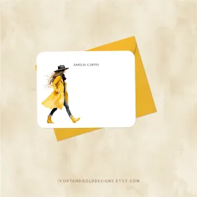 Personalized Notecard Set: Yellow Trench Coat Woman
