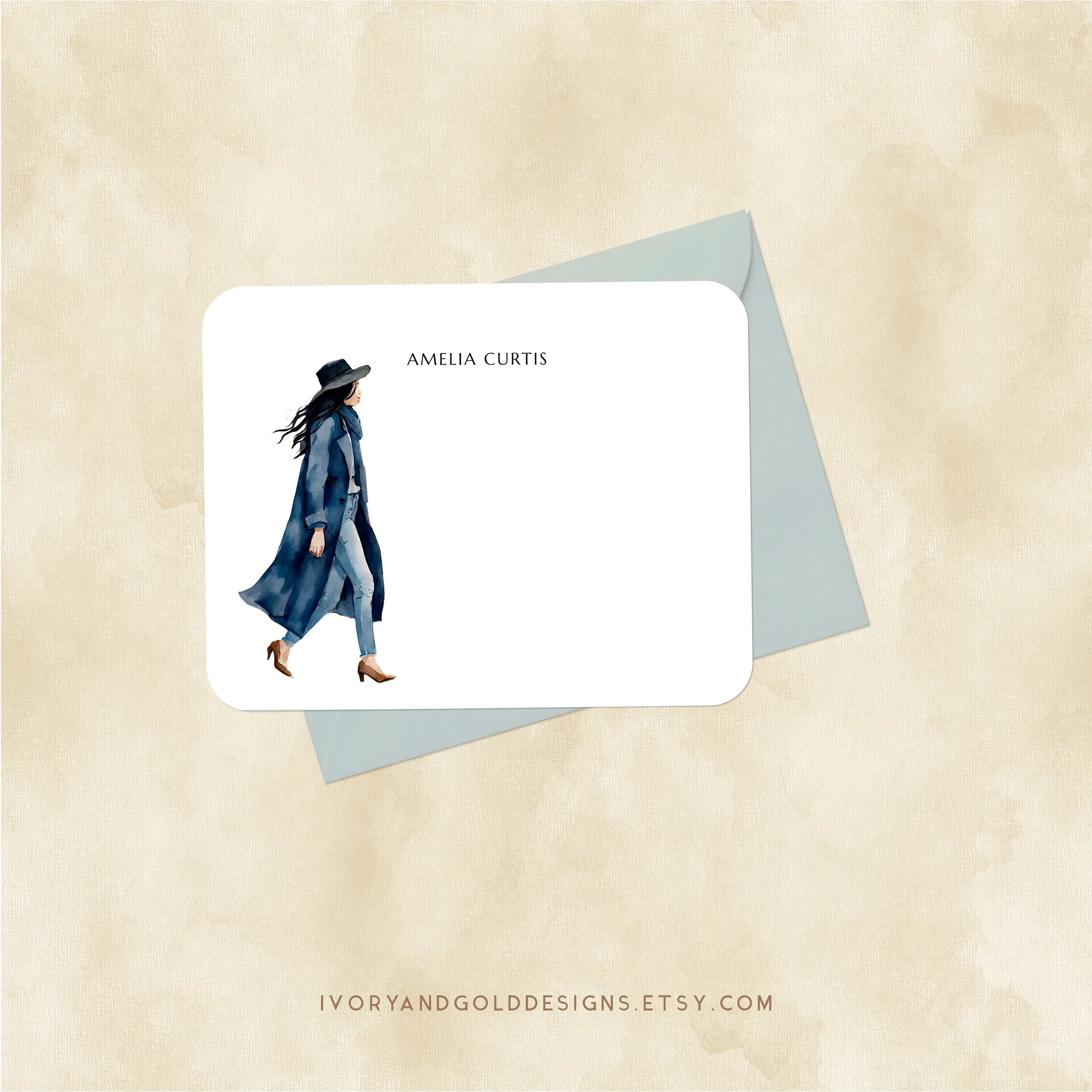 Personalized People Notecard Set: Blue Trench Coat