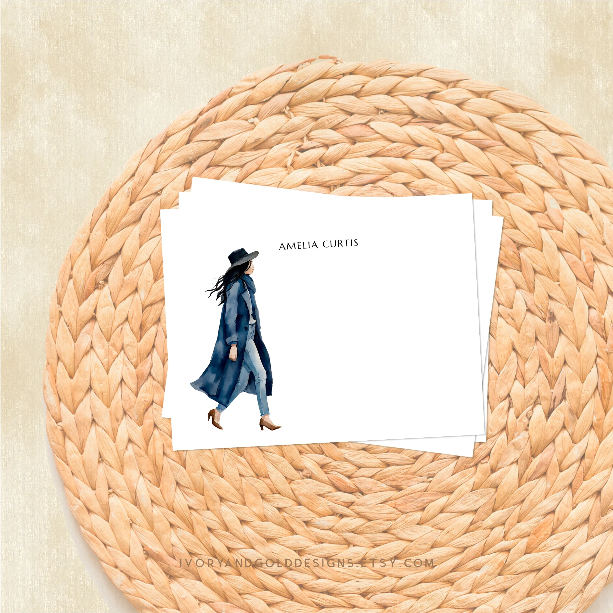 Personalized People Notecard Set: Blue Trench Coat