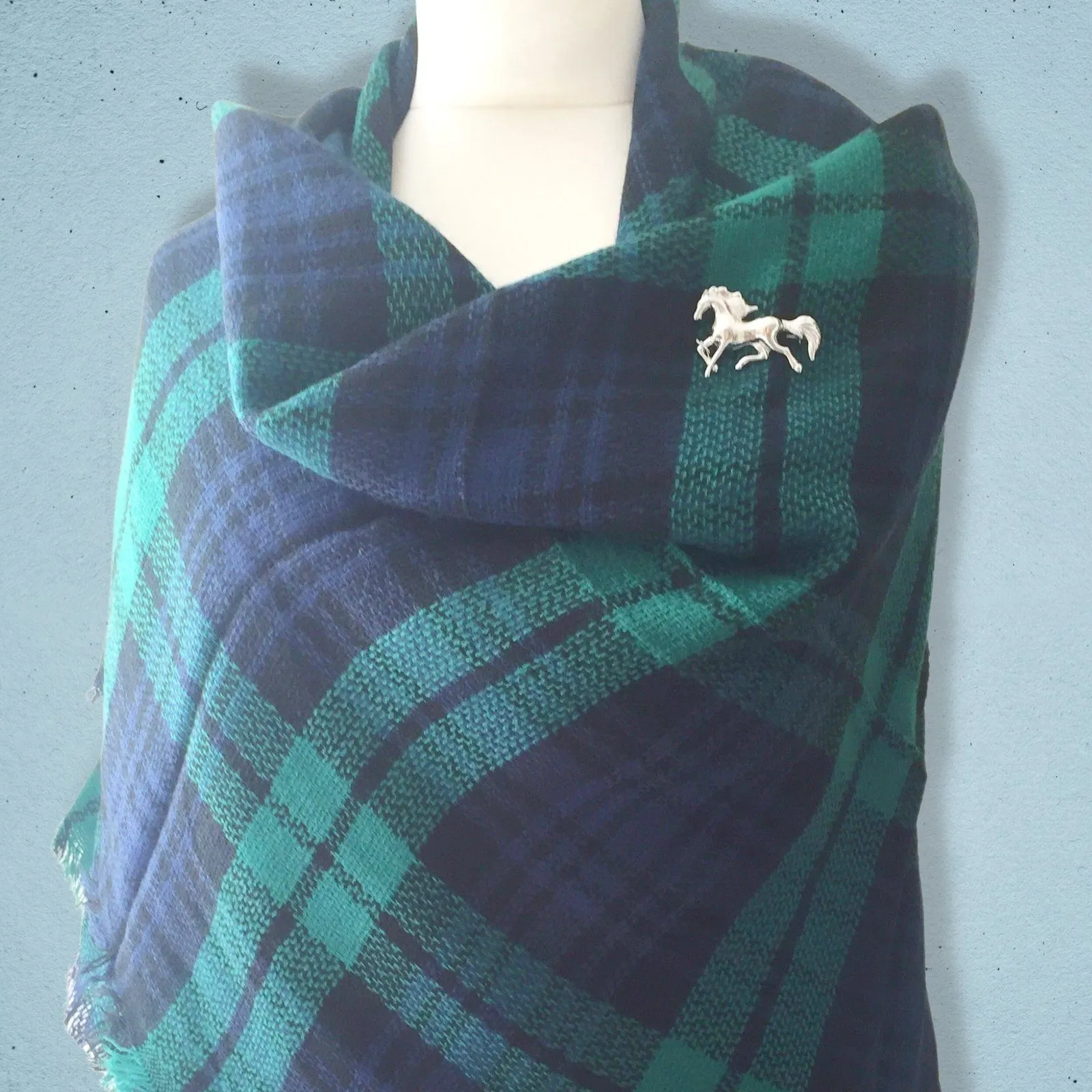 Plaid Blanket Scarf - Blue and Green