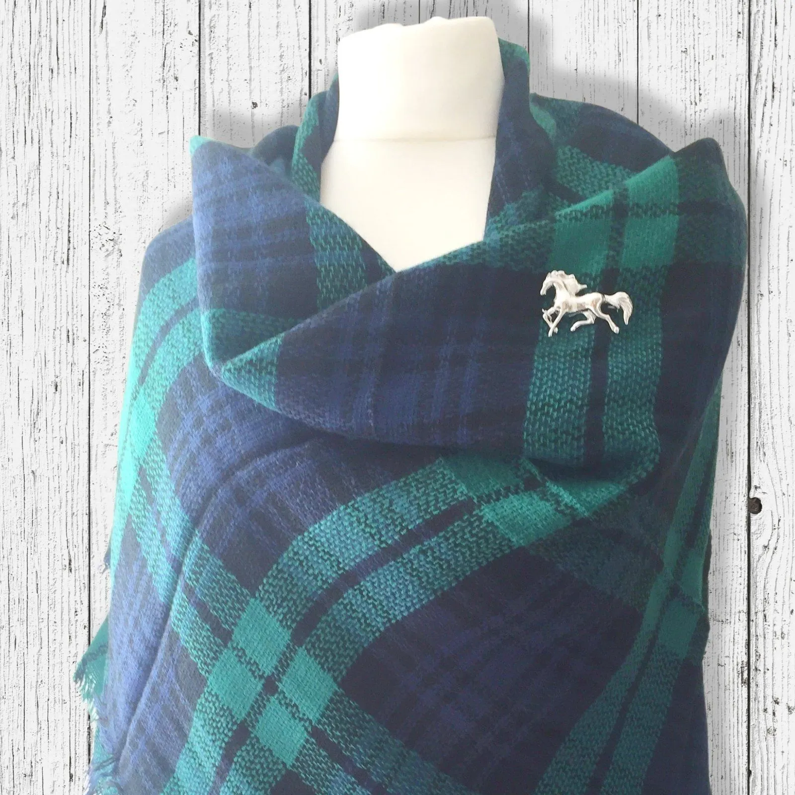 Plaid Blanket Scarf - Blue and Green