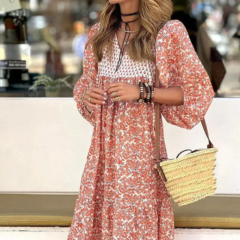Puff Sleeve High Waist Bohemian Ladies Elegant Pleated Long Temperament Floral V-neck Summer New Dress