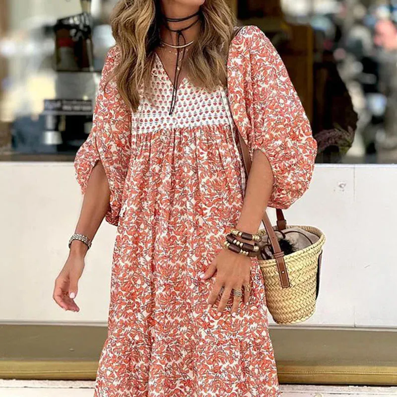 Puff Sleeve High Waist Bohemian Ladies Elegant Pleated Long Temperament Floral V-neck Summer New Dress