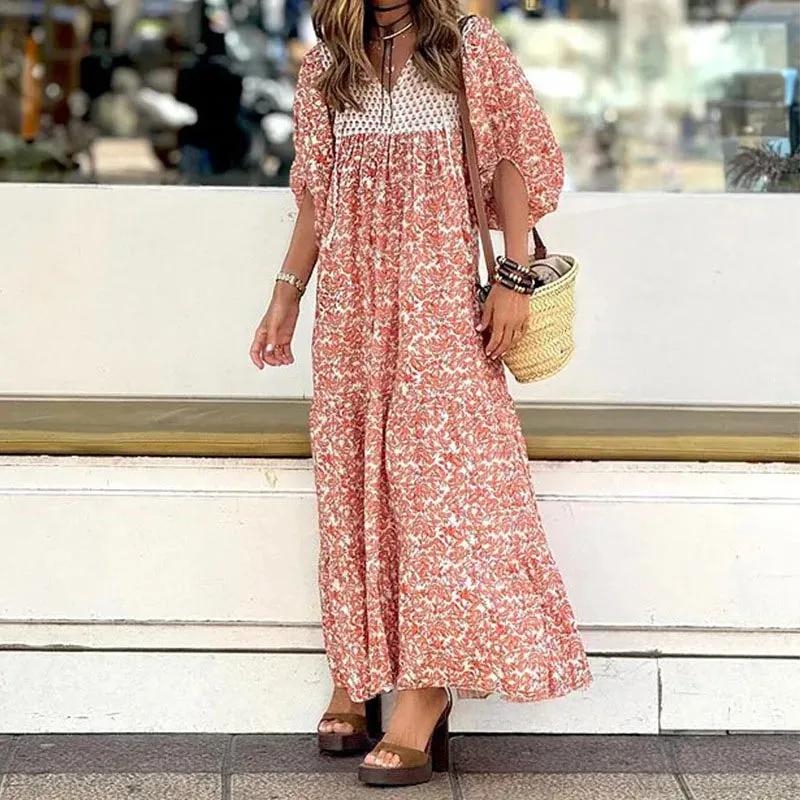Puff Sleeve High Waist Bohemian Ladies Elegant Pleated Long Temperament Floral V-neck Summer New Dress