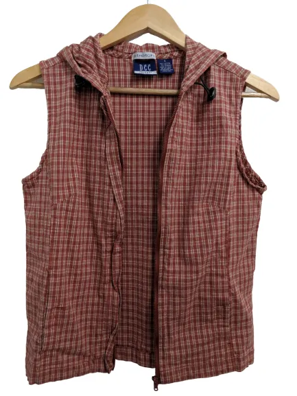 [S] 90's Plaid Zip-Up Vest with Hood