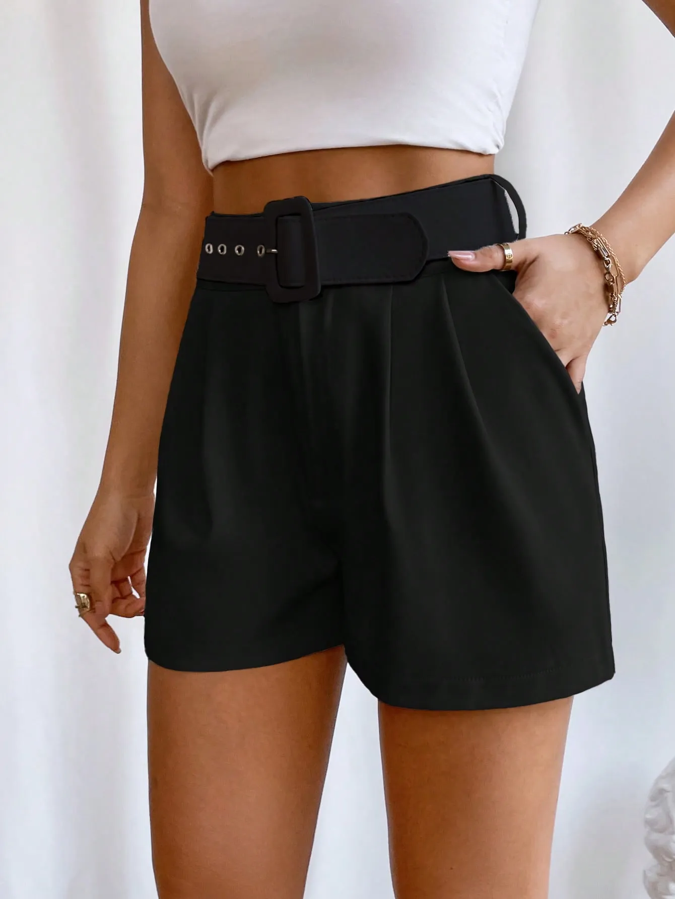 SHEIN Privé Fold Pleated Belted Wide Leg Shorts