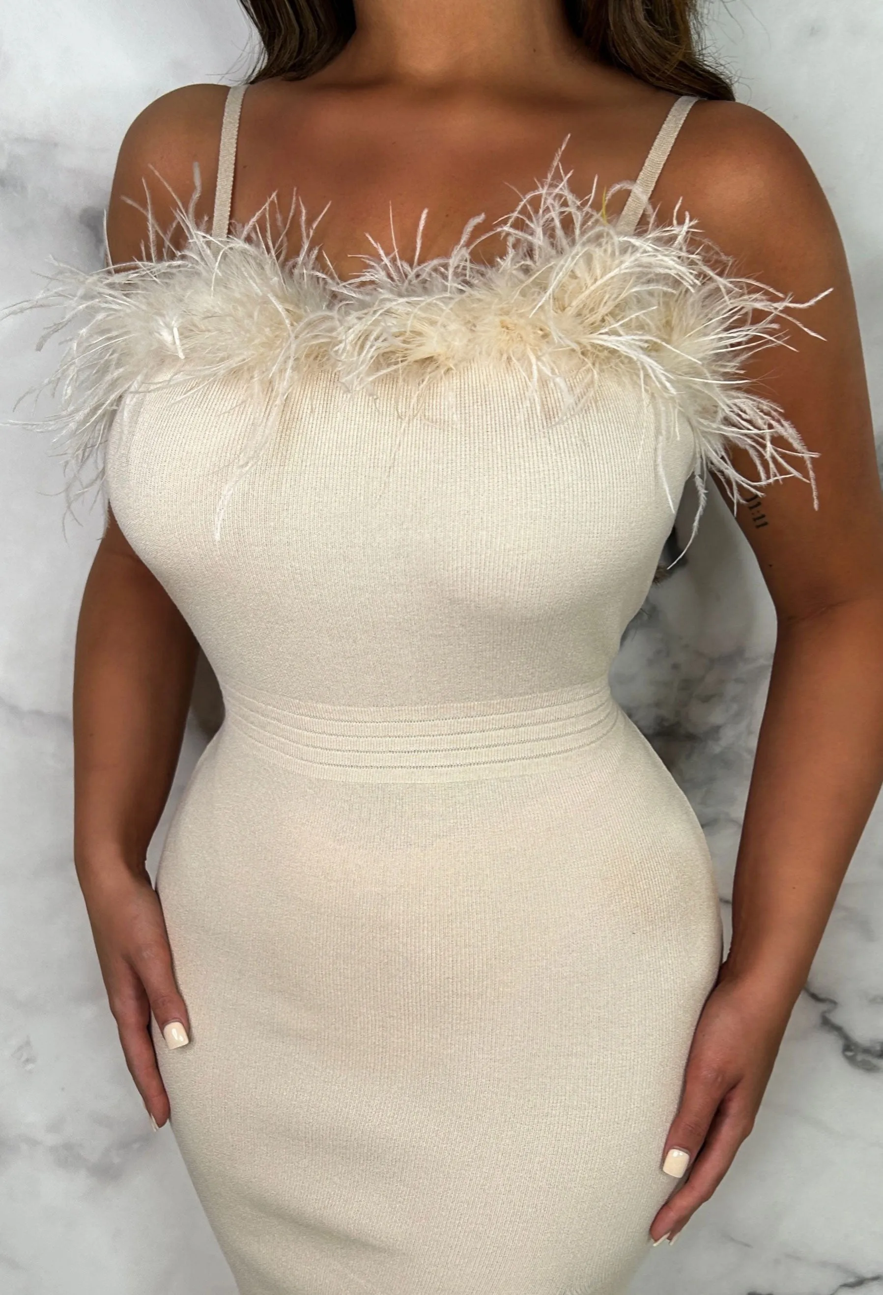 So Glamorous Cream Feather Trim Leg Split Knitted Midi Dress