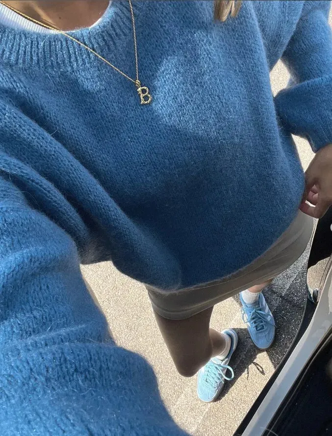 TAVIMART  -  Autumn Women Loose Solid Long Sleeve Sweater Fashion O Neck Blue Knitted Pullover 2024 New Elegant Female Warm Streetwear