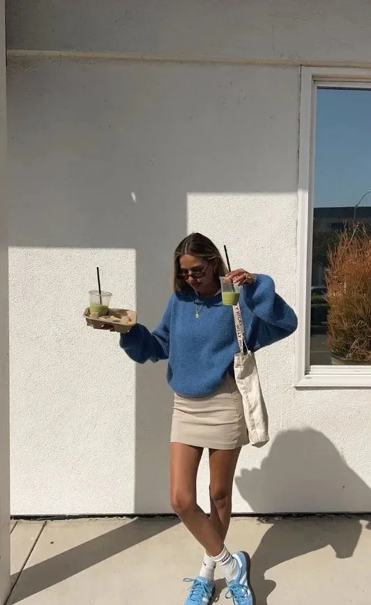 TAVIMART  -  Autumn Women Loose Solid Long Sleeve Sweater Fashion O Neck Blue Knitted Pullover 2024 New Elegant Female Warm Streetwear