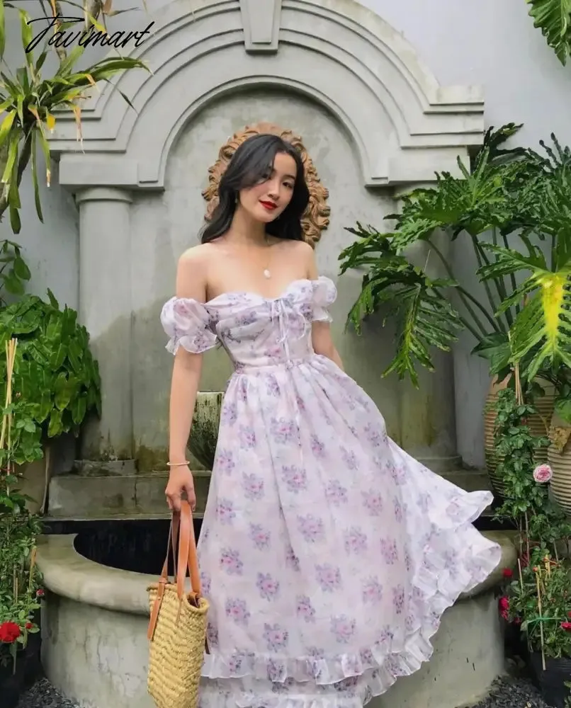 Tavimart Off Shoulder Sexy Elegant Party Dress Women Indie Folk Lavender Floral Print Dress