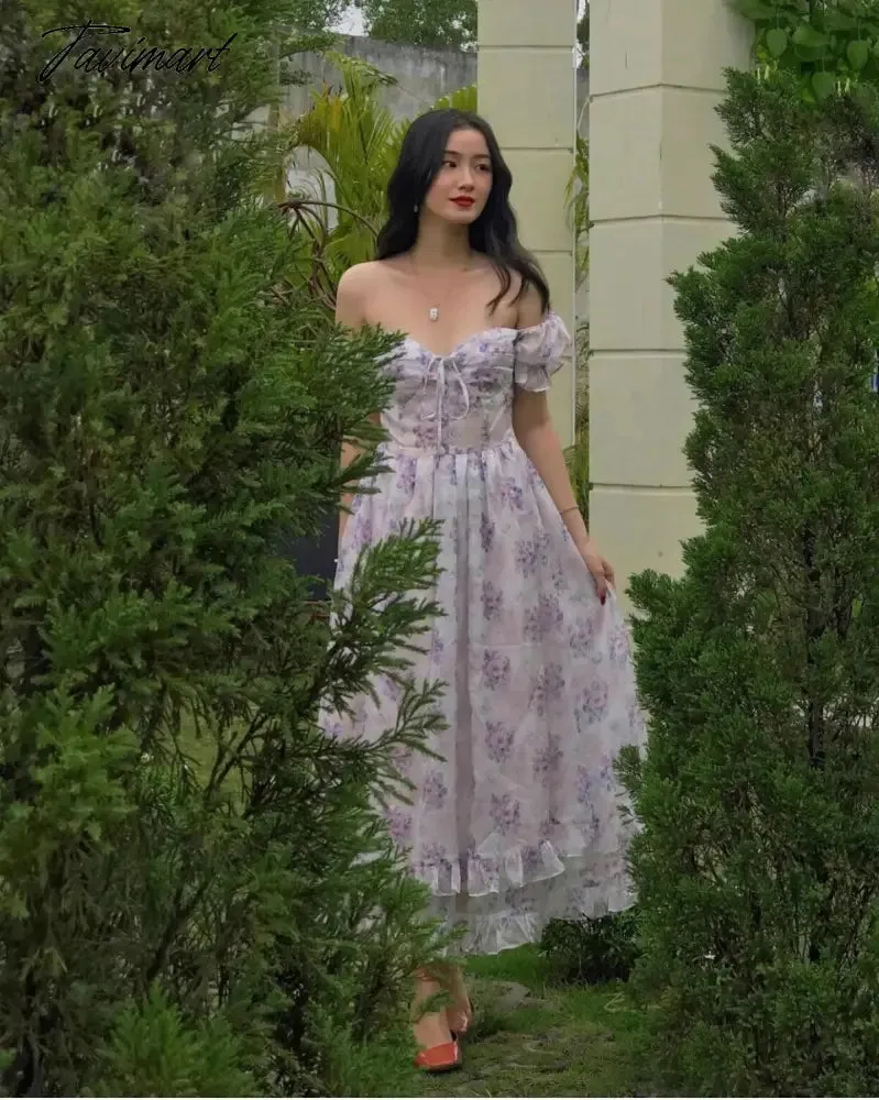 Tavimart Off Shoulder Sexy Elegant Party Dress Women Indie Folk Lavender Floral Print Dress