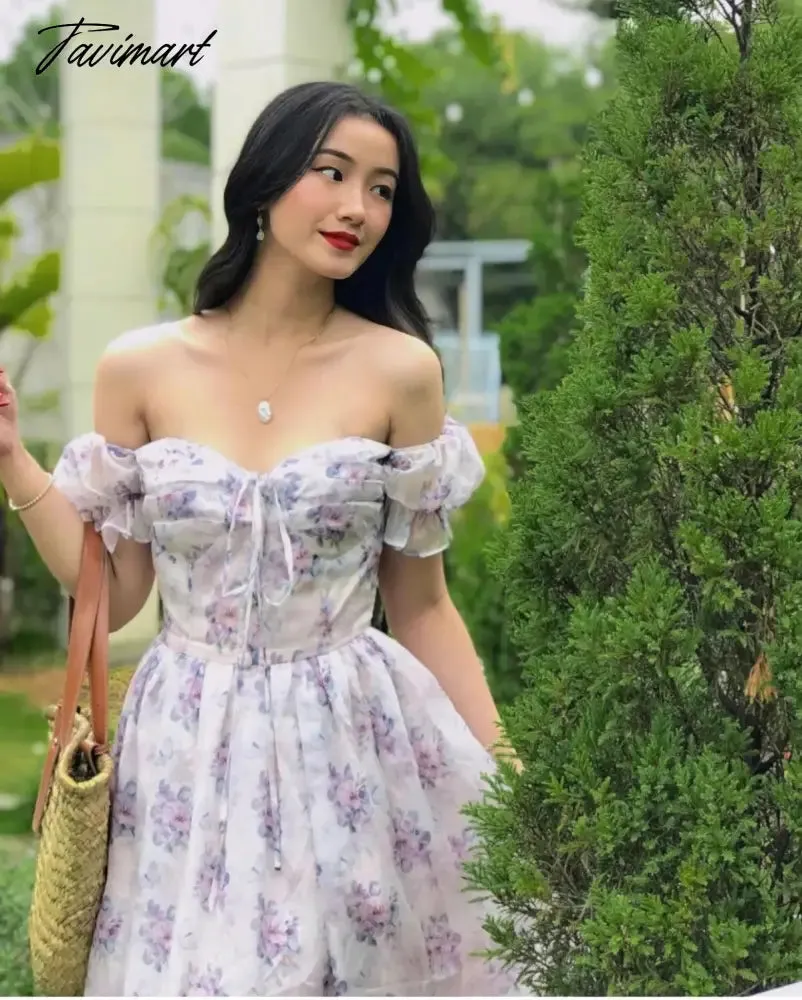 Tavimart Off Shoulder Sexy Elegant Party Dress Women Indie Folk Lavender Floral Print Dress