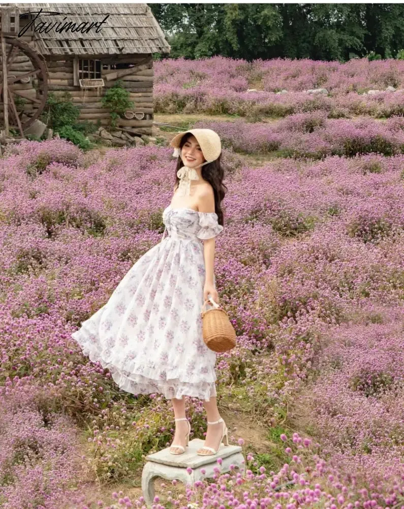 Tavimart Off Shoulder Sexy Elegant Party Dress Women Indie Folk Lavender Floral Print Dress
