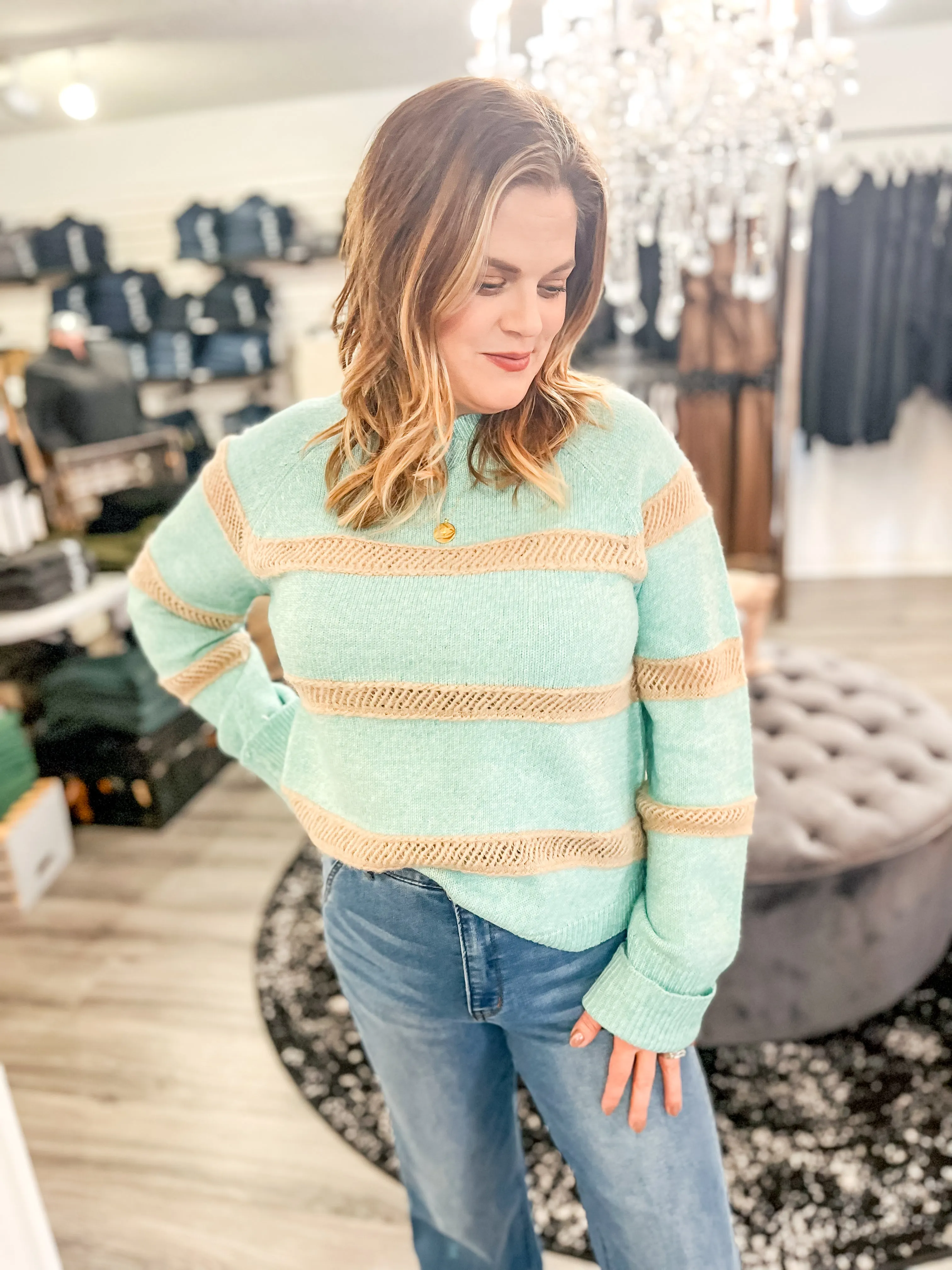 Teal Open Stitched Stripe Sweater