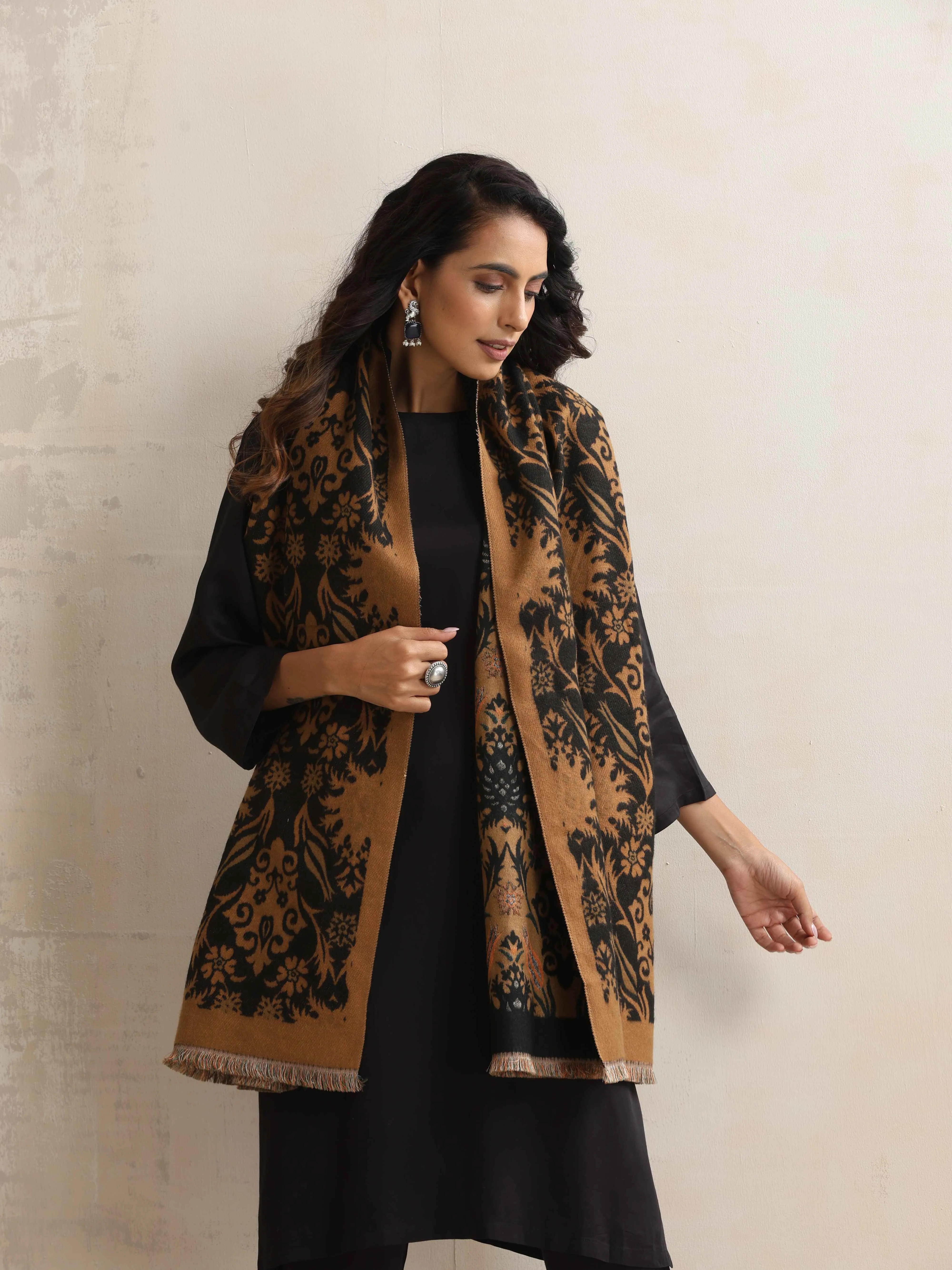 trueBrowns Brown Floral Reversible Woollen Stole