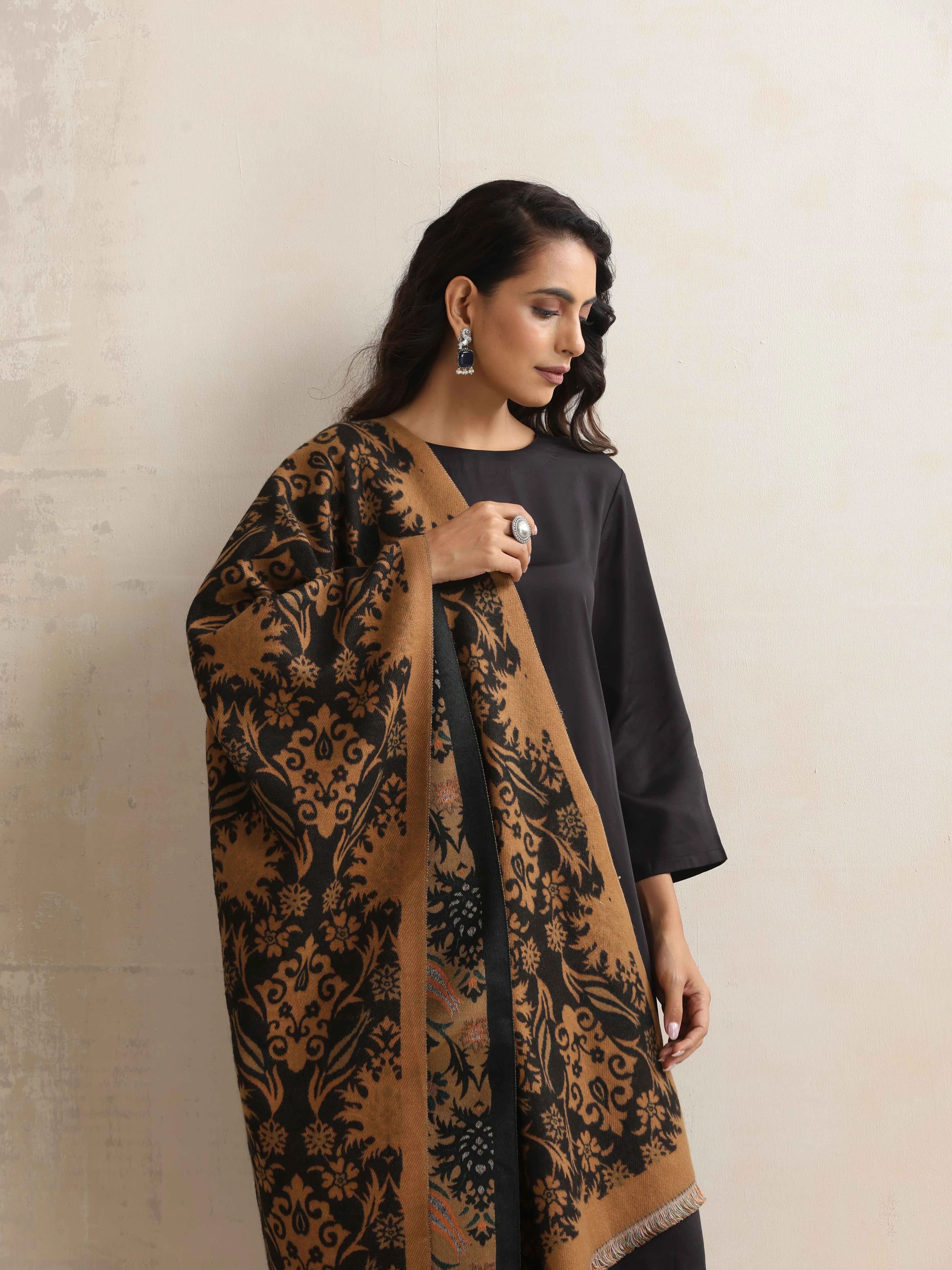 trueBrowns Brown Floral Reversible Woollen Stole
