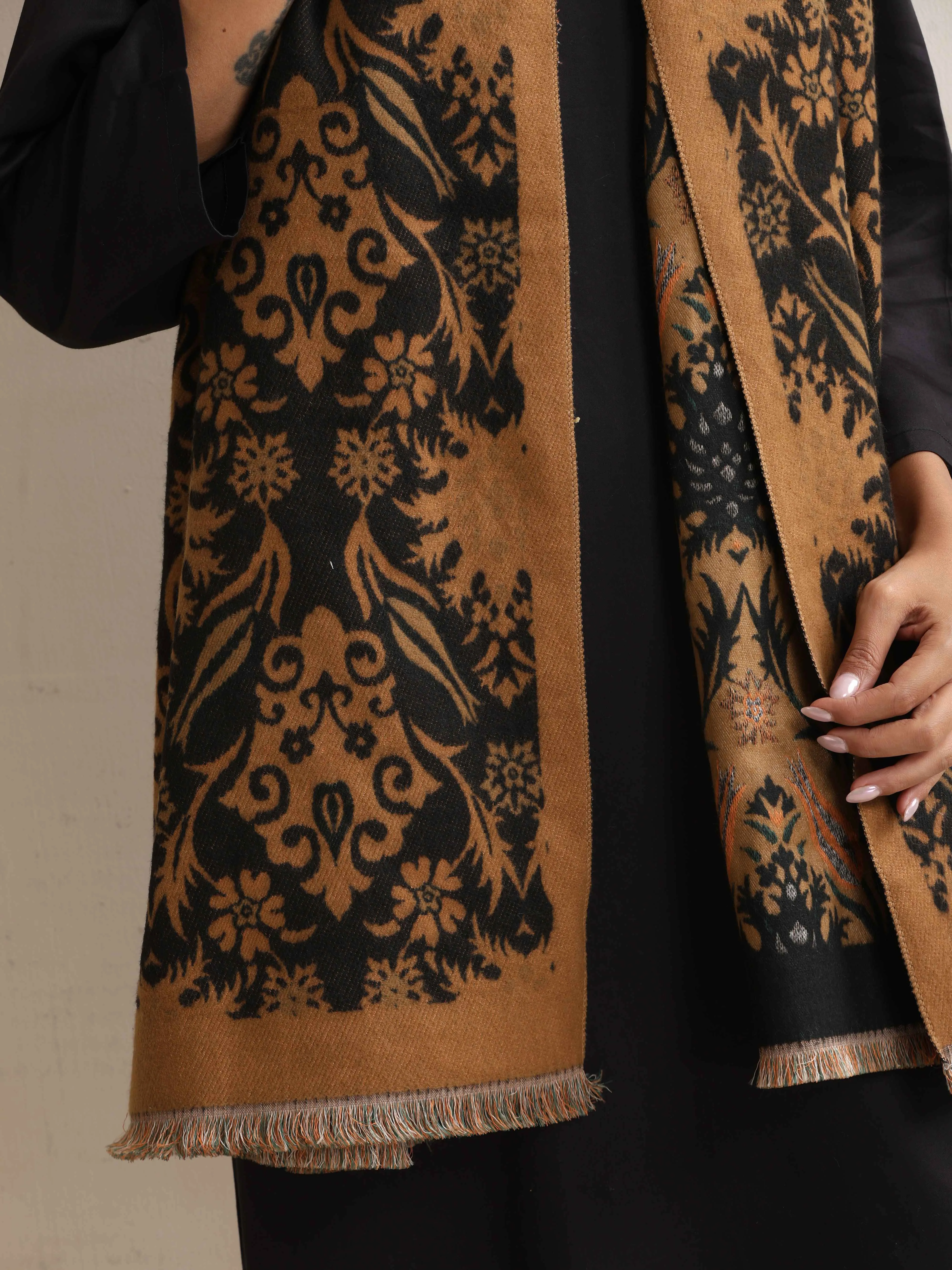 trueBrowns Brown Floral Reversible Woollen Stole