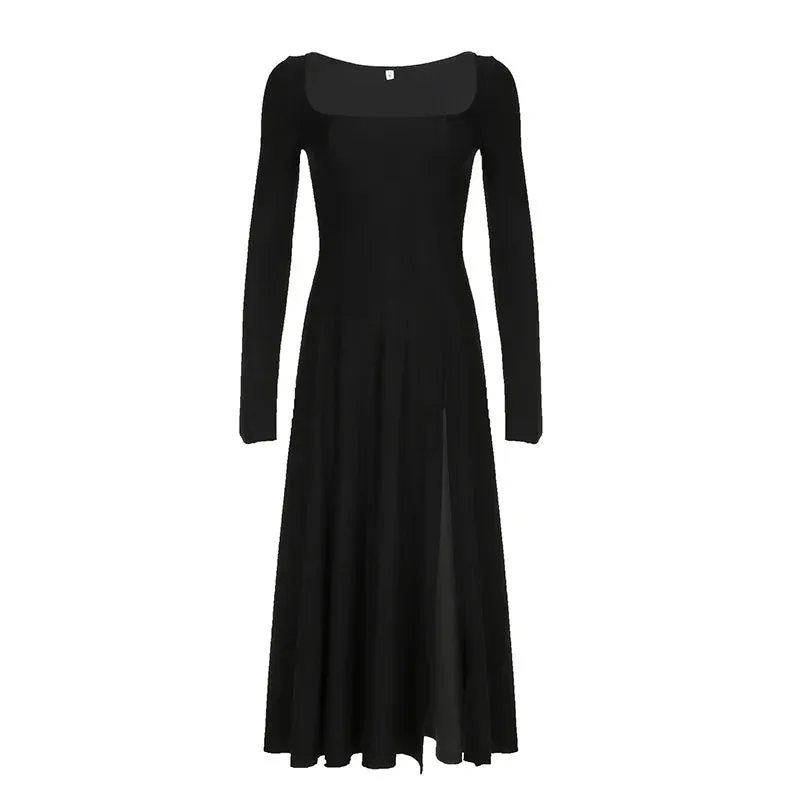 Uniwim Elegant Black Square Neck Sexy Side Slit Dress