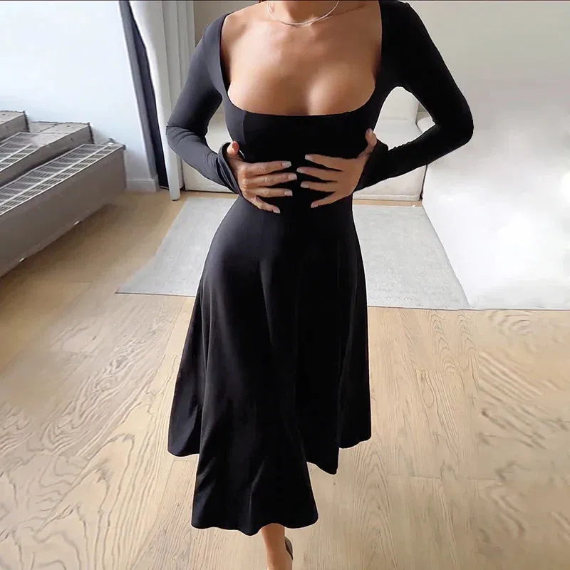 Uniwim Elegant Black Square Neck Sexy Side Slit Dress