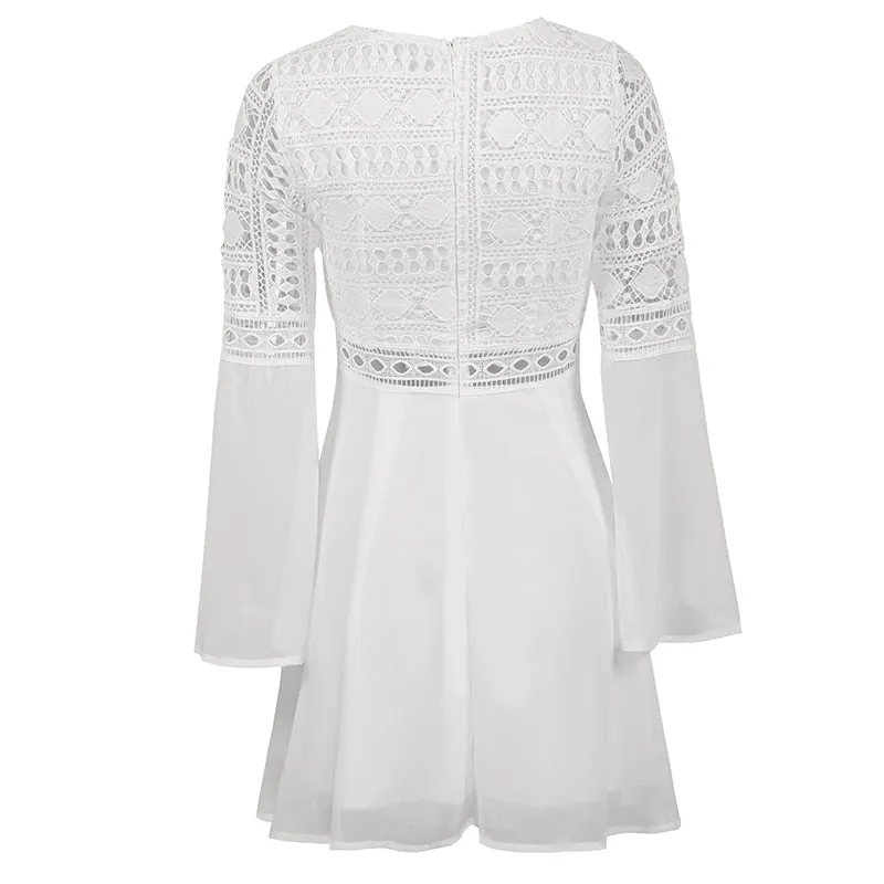 V-Neck Hollow Out Long Sleeve Mini Lace Dress Elegant White Boho Dress Casual Lace Vestido Robe Dress